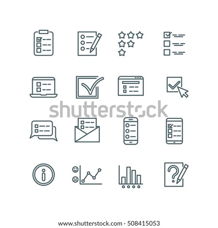 Online test, internet quiz, questionnaire, survey, exam, quizzes thin line vector icons. Linear checklist for feedback, stats list illustration