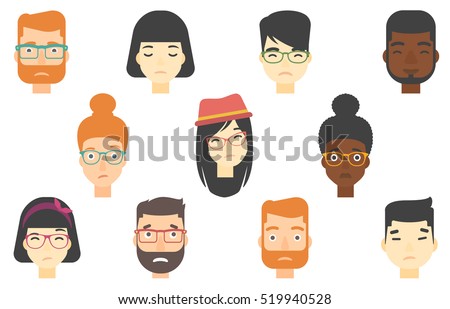Set of people expressing facial emotions. Human faces with sad facial expressions. Human faces showing sad emotion. People with sad faces. Vector flat design illustrations isolated on white background