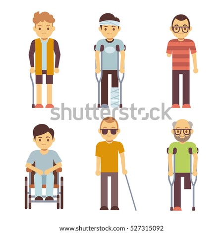 Disabled people vector set. Old and young invalid persons.