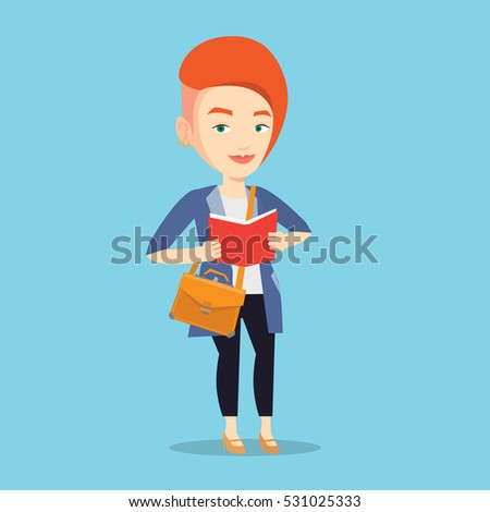 Smiling student reading a book. Cheerful female student reading a book and preparing for exam. Student standing with book in hands. Concept of education. Vector flat design illustration. Square layout