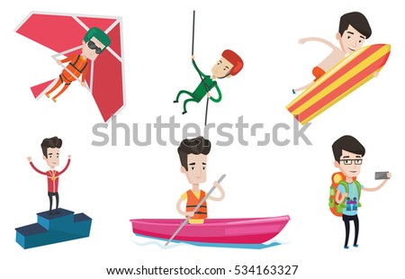 Sportsman celebrating on the winners podium. Young caucasian sportsman with medal standing on the winners podium. Winner concept. Set of vector flat design illustrations isolated on white background.