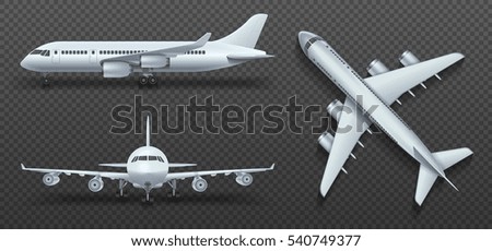 Aircraft, airplane, airliner in different point of view vector. Set of air plane front side and top illustration.