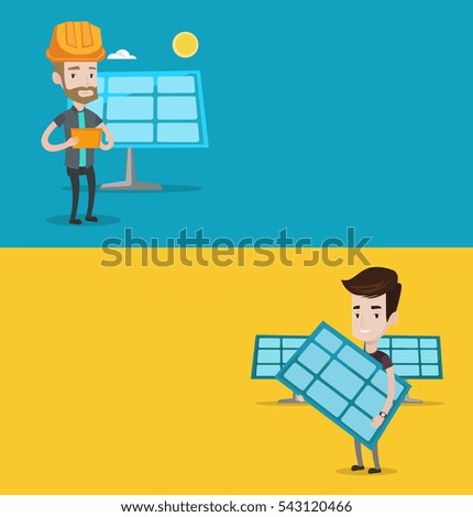 Two ecology banners with space for text. Vector flat design. Horizontal layout. Man working on digital tablet at solar power plant. Man with solar panel standing on the background of solar power plant