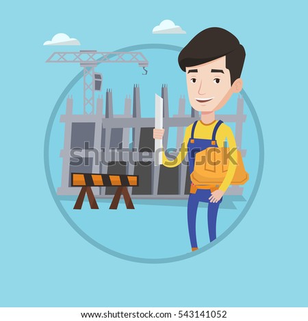 Engineer with blueprint at construction site. Man holding twisted blueprint and hard hat. An engineer checking construction works. Vector flat design illustration in the circle isolated on background.