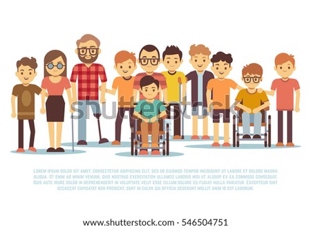 Disabled child, handicapped children, diverse students in wheelchair vector set.