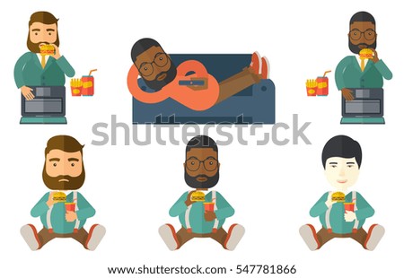 Plump businessman working on laptop and eating hamburger. Fat businessman eating hamburger at work. Businessman biting hamburger. Set of vector flat design illustrations isolated on white background.