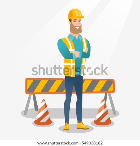 Young smiling builder standing with arms crossed. Confident builder in hard hat. Caucasian builder in helmet standing on the background of road barriers. Vector flat design illustration. Square layout