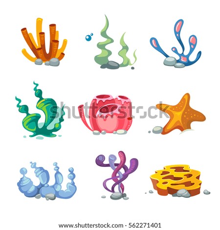 Seaweeds aquarium decoration cartoon vector set for video game. Coral reef drawing for aquarium illustration