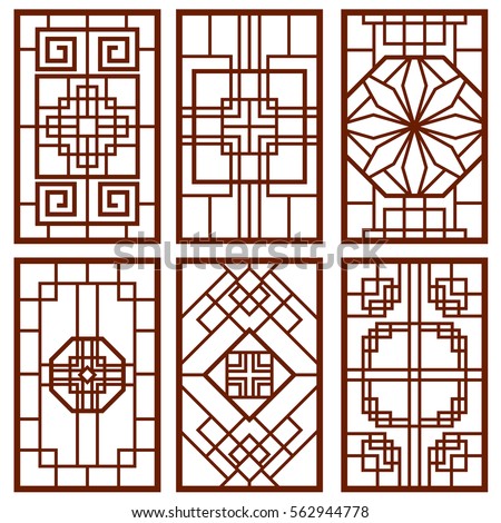 Traditional korean door and window ornament, chinese wall design, japan frames vector set. Traditional chinese decoration illustration