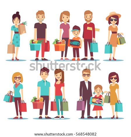 People shopping in mall vector cartoon characters set. Family with children and shopping bags. Illustration of woman in shopping.
