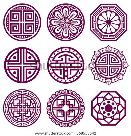 Korean ornament, asian traditional vector symbols, bathroom pattern. Round elements in traditional korean style, illustration of korean tattoo.