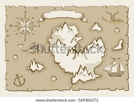Vintage parchment vector map elements. Illustration of pirate old map.
