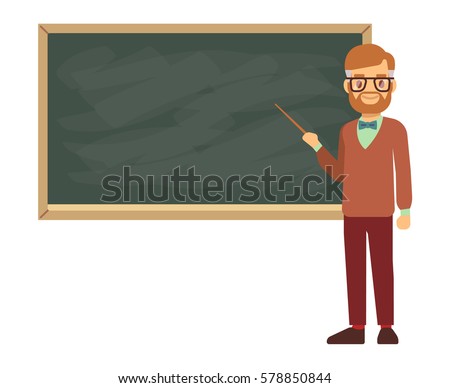 Teacher, professor standing in front of blank school blackboard vector illustration. School teacher in glasses, male teacher near blackboard