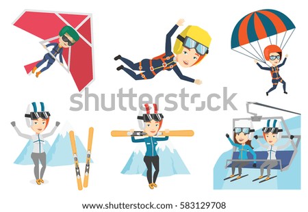 Caucasian woman carrying skis. Sportswoman standing with skis on her shoulders. Skiers using cableway in mountains at ski resort. Set of vector flat design illustrations isolated on white background.