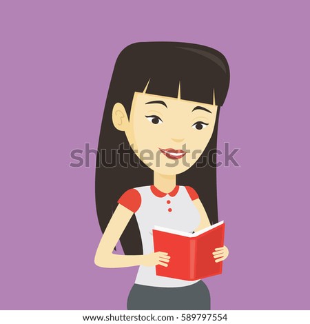 Cheerful asian student reading a book and preparing for exam. Smiling student reading a book. Student holding a book in hands. Concept of education. Vector flat design illustration. Square layout.