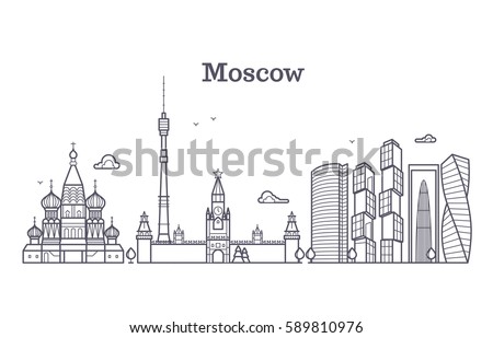 Moscow linear russia landmark, modern city skyline, vector panorama with soviet buildings
