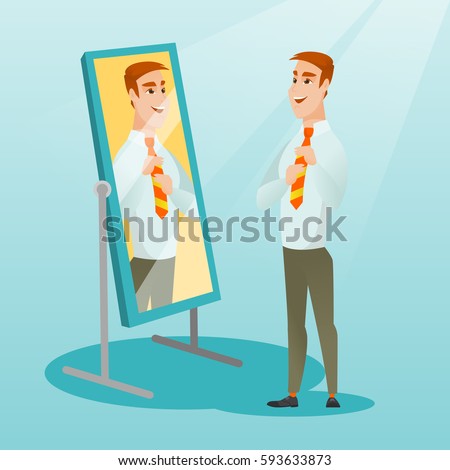 Young caucasian businessman adjusting tie in front of the mirror. Business man looking himself in the mirror. Man checking his appearance in the mirror. Vector flat design illustration. Square layout.