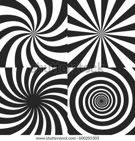 Psychedelic spiral with radial rays, twirl, twisted comic effect, vortex backgrounds - vector set