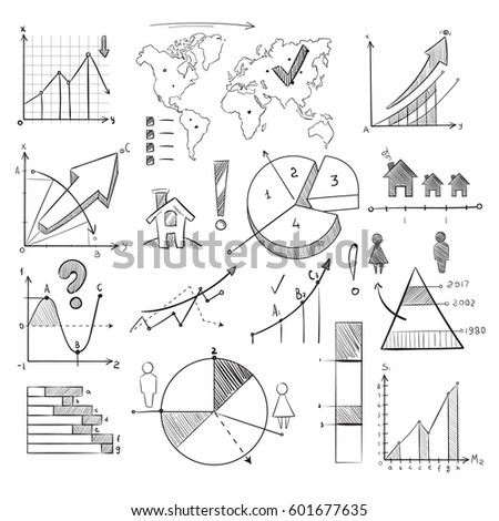 Population demography doodle vector infographic with hand drawn charts, pie graphs, diagrams, world map and sketch people icons. Infographic global illustration