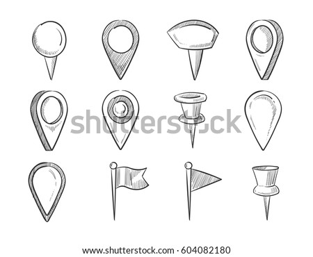 Hand drawn map pointers, doodle navigation pins vector set