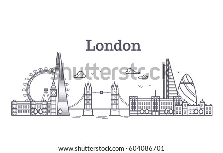 London city skyline with famous buildings, tourism england landmarks outline vector illustration