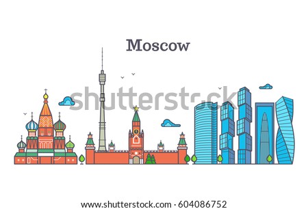 Moscow vector line panorama, modern city skyline, russia outline symbol, flat urban landscape