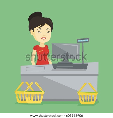 Young asian cashier standing at the checkout in supermarket. Cashier working at checkout in a supermarket. Cashier standing near the cash register. Vector flat design illustration. Square layout.