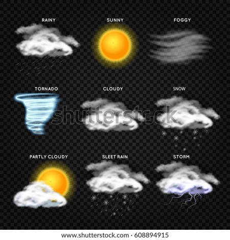 Realistic weather vector icons isolated on transparent background. Forecast weather, illustration of symbol to forecast app