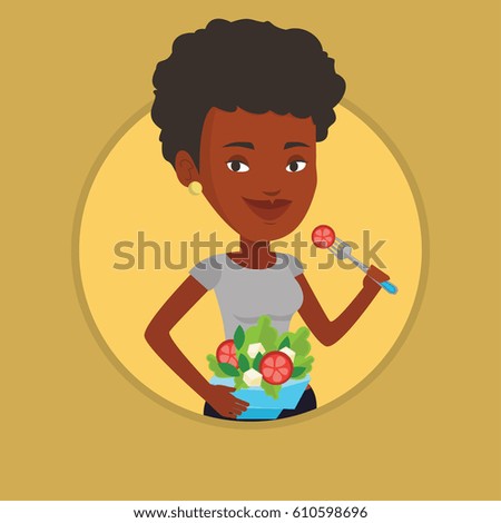 African woman eating healthy vegetable salad. Woman enjoying vegetable salad. Woman holding fork and bowl with vegetable salad. Vector flat design illustration in the circle isolated on background.