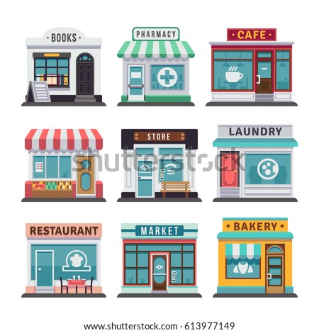 Modern fast food restaurant and shop buildings, store facades, boutiques with showcase flat icons. Exterior market and restaurant, illustration of exterior facade store building
