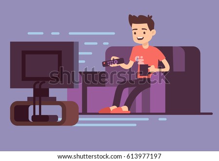 Man watching TV and drinking coffee on sofa in home room interior vector illustration. Man on sofa watch tv, illustration of male in room with tv screen