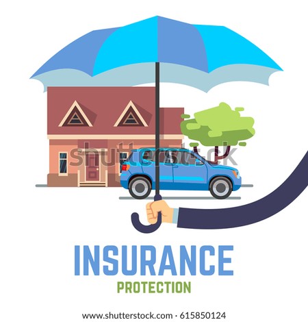Insurance vector flat safe concept with hand holding umbrella over house and car