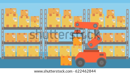 Warehouse transportation robot. Warehouse robot putting cardboard boxes on racks. Factory robot working with cardboard boxes in modern warehouse. Vector flat design illustration. Horizontal layout.