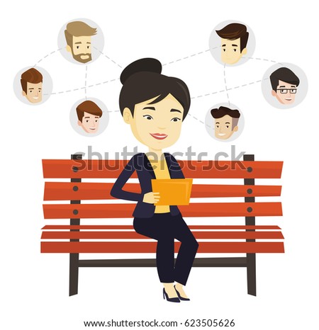Woman sitting on bench and using tablet computer with network avatar icons above. Woman surfing in social network. Social network concept. Vector flat design illustration isolated on white background.