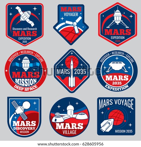 Mars colonization vector retro space logos and labels set