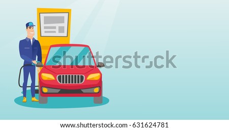 Caucasian gas station worker filling up fuel into the car. Smiling worker in workwear at the gas station. Young gas station worker refueling a car. Vector flat design illustration. Horizontal layout.