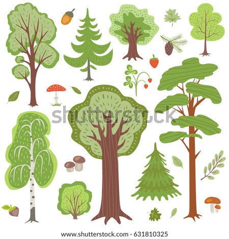 Forest trees, plants and mushrooms, other woodland floral vector elements