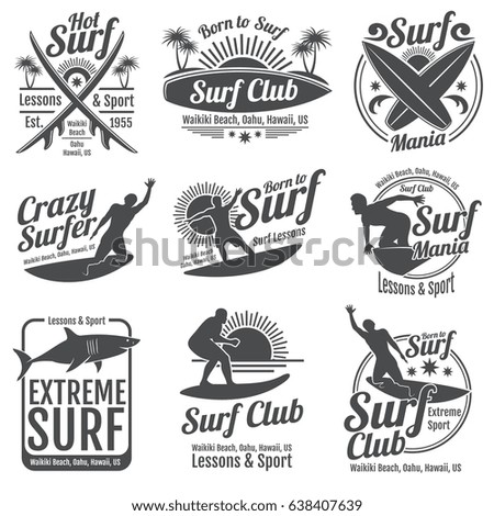 Surfing club vector vintage emblems. Surf board on wave signs