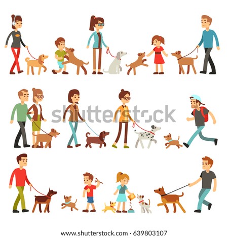Des gens heureux avec des animaux de compagnie. Femmes, hommes et enfants jouant avec des chiens et des marionnettes