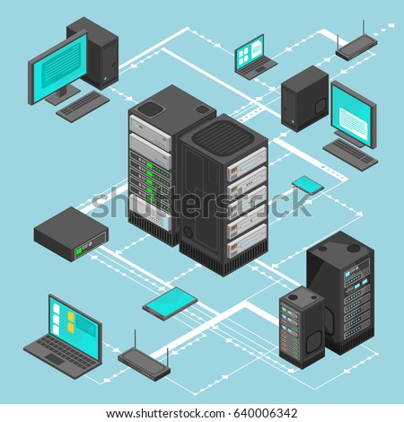 Data network management vector isometric map with business networking servers, computers and device