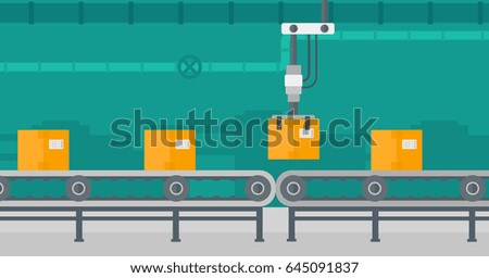 Robotic packaging conveyor belt. Automated robotic conveyor belt for packaging of products in cardboard boxes. Robotic arm working on conveyor belt. Vector flat design illustration. Horizontal layout.