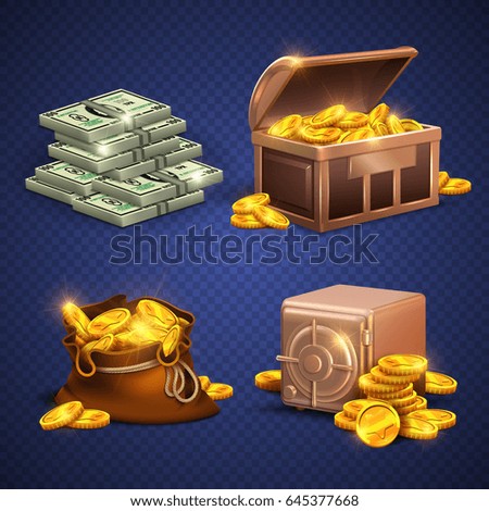 Casino vector 3d signs and money icons. Dollars, gold coins in safe deposit and moneybag