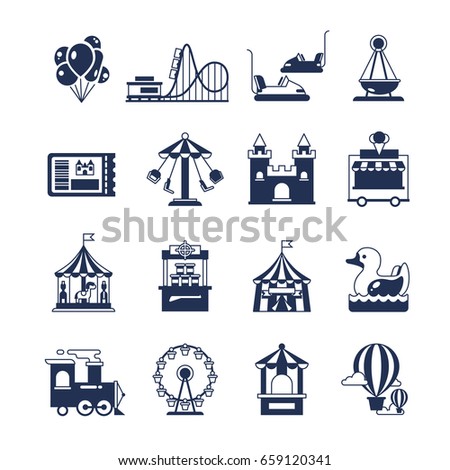 Carnival in amusement park with carousel and circus. Attractions vector icon. Attraction and carnival with carousel for park amusement illustration