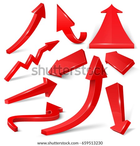 Glossy red 3d arrows isolated on white vector set. Arrow web curve direction illustration