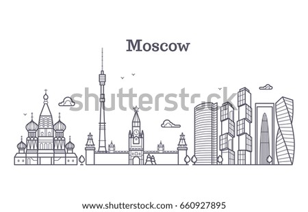 Moscow linear russia landmark, modern city skyline, panorama with soviet buildings. Moscow city line, illustration of drawing moscow town