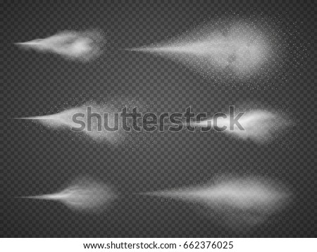 Airy water spray mist vector set. Sprayer fog isolated on black transparent background. Airy spray and water hazy mist clean illustration