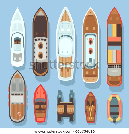 Top aerial view boat and ocean ships vector set. Sea boat and transport for travel on water illustration