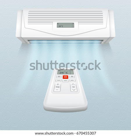 Conditioner with fresh air streams. Climate control in home and office vector illustration. Air conditioner on wall, conditioning climate