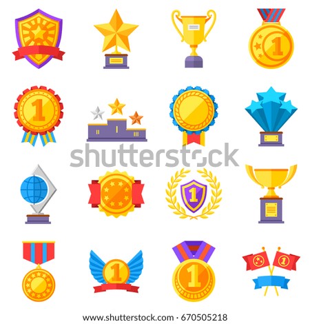 Trophy medals and winning ribbon success icons. Win awards vector winner symbols. Success and trophy with ribbon for achievement, winner medal for sport champion illustration