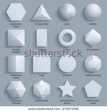 Top view realistic white math basic 3d shapes vector set. Three dimensional geometric figures. Geometric shape figure form illustration